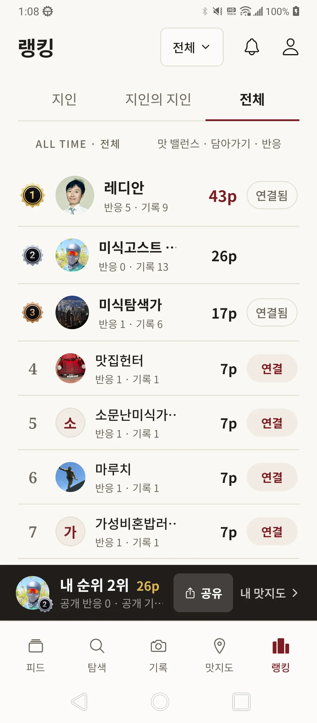 비교로 만들어진 개인 순위 화면